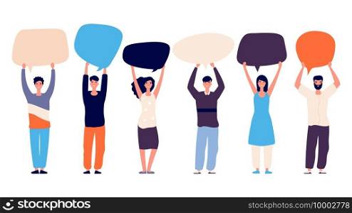 People with speech bubbles. Voting right concept. Vector motivation flat characters isolated on white background. Business communication, speech bubble and conversation illustration. People with speech bubbles. Voting right concept. Vector motivation flat characters isolated on white background