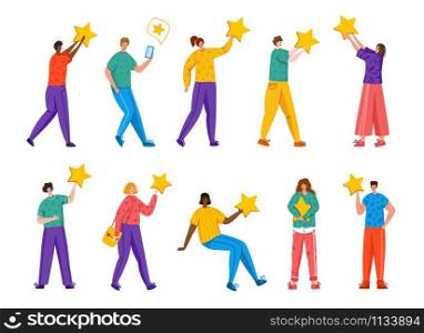 People with stars - Client feedback or review concept, online service evaluation, happy customers and their feedback, flat modern people and rating stars, smiles, likes, men and women, Vector. customer feedback concept - vector