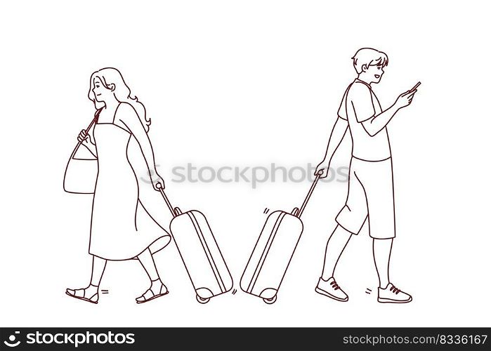 People with suitcases ready to travel in airport. Smiling tourist with baggage before vacation. Tourism and holidays. Vector illustration. . People with suitcases in airport 
