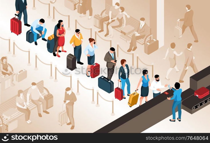 People with suitcases standing in queue in airport 3d isometric vector illustration