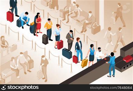 People with suitcases standing in queue in airport 3d isometric vector illustration