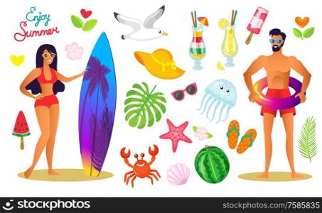People with surfing board, summertime vector. Man and woman, monstera leaves plant, cocktail and watermelon with seeds fruit and seagull, crab seafood. Summer Vacation of People, Elements Icons Set