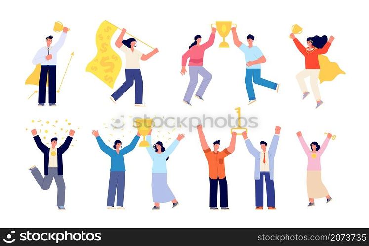 People with trophy. Office reward, success celebration teamwork. Employee winning, flat victory person group, business award utter vector set. Illustration trophy and winner with cup prize. People with trophy. Office reward, success celebration teamwork. Employee winning, flat victory person group, business award utter vector set