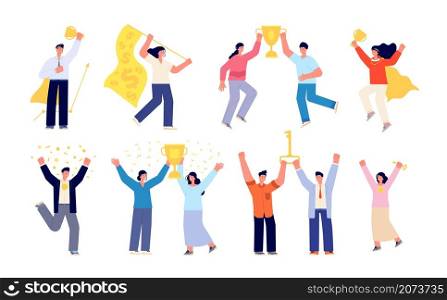 People with trophy. Office reward, success celebration teamwork. Employee winning, flat victory person group, business award utter vector set. Illustration trophy and winner with cup prize. People with trophy. Office reward, success celebration teamwork. Employee winning, flat victory person group, business award utter vector set