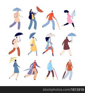 People with umbrellas. Rainy autumn, city street wet person character. Isolated man woman outdoor walking in raining day vector illustration. People with umbrella or parasol holding in hand. People with umbrellas. Rainy autumn, city street wet person character. Isolated man woman outdoor walking in raining day vector illustration