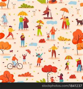 People with umbrellas walking in autumn park seamless pattern. Characters in warm clothes. Fall season outdoor activity vector illustration. Man and woman throwing leaves, collecting mushrooms. People with umbrellas walking in autumn park seamless pattern. Characters in warm clothes. Fall season outdoor activity vector illustration
