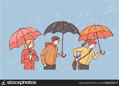 People with umbrellas walking on rainy day. Men and women outside under rain. Weather changes, autumn season concept. Vector illustration.. People with umbrellas under rain
