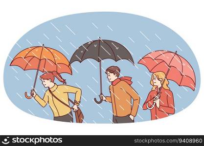 People with umbrellas walking on rainy day. Men and women outside under rain. Weather changes, autumn season concept. Vector illustration.. People with umbrellas under rain
