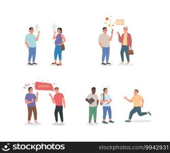 People with unhealthy habits flat color vector detailed character set. Smoking people. Arguing men. Bad lifestyle isolated cartoon illustration for web graphic design and animation collection. People with unhealthy habits flat color vector detailed character set