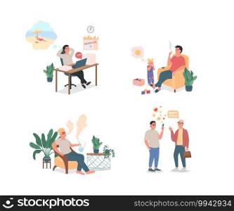People with unhealthy lifestyle flat color vector detailed character set. Procrastination, smoking. Bad habits isolated cartoon illustration for web graphic design and animation collection. People with unhealthy lifestyle flat color vector detailed character set