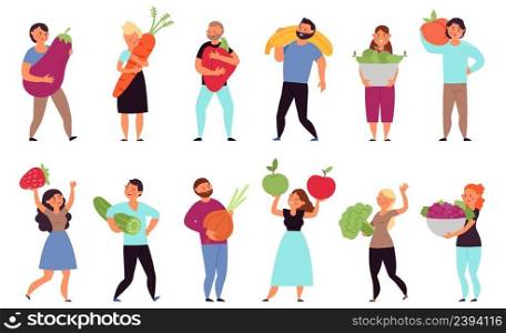 People with vegan food. Wellness nutrition, catering fruit and natural salad. Vegetarian life, person holding food. Local market characters, decent vector set. Illustration of vegan nutrition. People with vegan food. Wellness nutrition, catering fruit and natural salad. Vegetarian life, person holding food. Local market characters, decent vector set