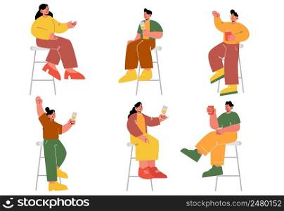 People with wine and drinks sitting on stools in bar or pub. Vector flat illustration of happy characters with champagne glasses drink and talk in restaurant or cafe bar. People with drinks sitting on stools in bar