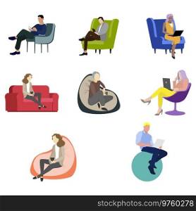 People woman man siitting on chair and armchair. Illustration adult people cartoon sit in couch, sitting at work with laptop or read book vector color. People woman man siitting on chair and armchair