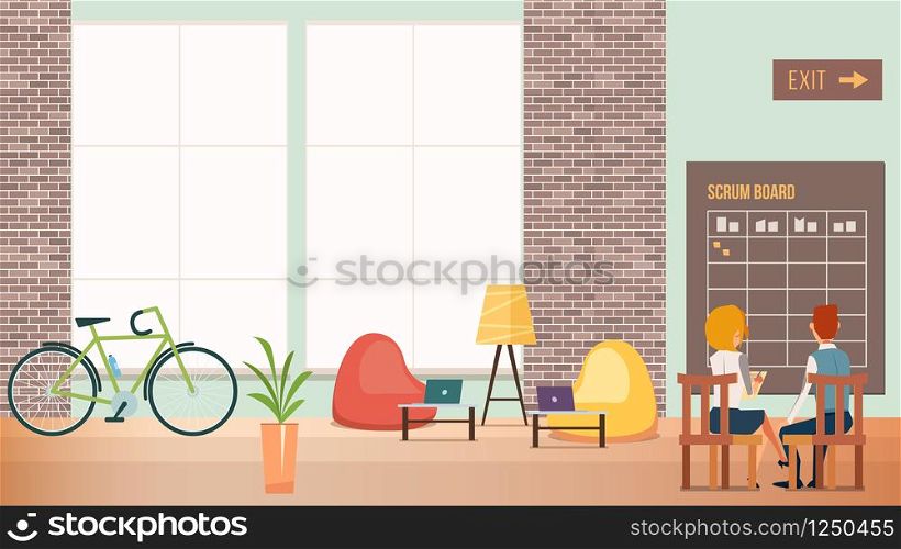 People Work at Creative Office Modern Open Space. Coworking Worker Sit on Chair make Note. Furniture Loft Style. Bean Bag Chair, Scrum Board, Laptop on Table, Bicycle. Cartoon Flat Vector Illustration. People Work at Creative Office Modern Open Space