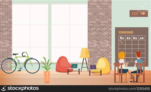 People Work at Creative Office Modern Open Space. Coworking Worker Sit on Chair make Note. Furniture Loft Style. Bean Bag Chair, Scrum Board, Laptop on Table, Bicycle. Cartoon Flat Vector Illustration. People Work at Creative Office Modern Open Space