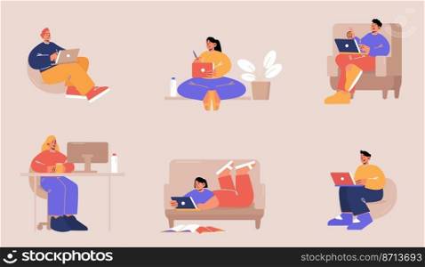 People work at home in different poses. Concept of freelance, remote job, online learning. Vector flat illustration with characters with laptop work or study sitting at desk, in chair, lying on couch. People work at home in different poses