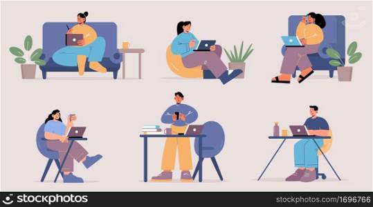 People work at home office. Concept of freelance, online business, remote job. Vector set of flat illustrations with characters with laptop or phone in comfortable workplace. People work at home office or cozy workplace