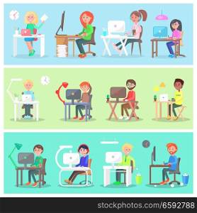 People work in comfortable and cozy offices vector illustration. Set includes characters that work at computer and laptop, in headphones, with cup of coffee, with plant, lamp or stand with stationary.. Employees in Office at Computer Illustrations Set