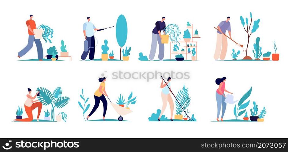 People work in garden. Farm botanists, natural gardening worker characters. Flat agriculture labor, florist care flowers utter vector set. Illustration garden agriculture, botanist farm natural. People work in garden. Farm botanists, natural gardening worker characters. Flat agriculture labor, florist care flowers utter vector set