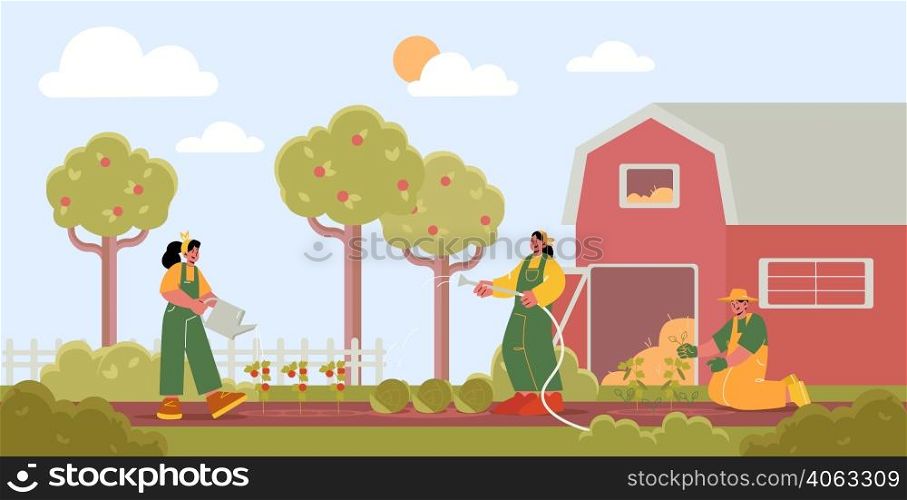 People work in garden in village. Vector flat illustration of farm landscape with agriculture field, barn, fruit trees, and farmers growing plants and watering vegetables with hose. People work in garden in village or farm