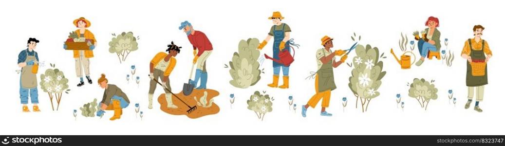 People work in garden, on farm or yard. Farmers gardening, water flowers, plant trees and harvest. Diverse men and women with shovel, scissors, watering can and spray, vector flat illustration. People work in garden with shovel, scissors
