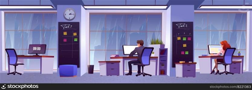 People work in modern office with rain outside window. Business workplace, open space room interior. Vector cartoon illustration of cabinet with office furniture, computers and employees. People work in office with rain outside window