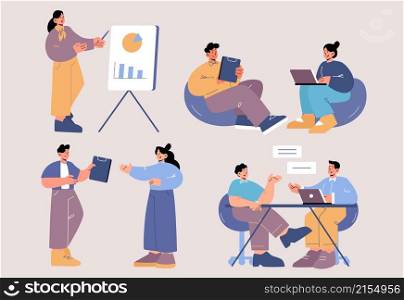 People work in office. Business team, company staff on workplace. Vector flat illustration of employees with laptop, clipboards and presentation. Women and men meeting and talk on job. People, employee work in office