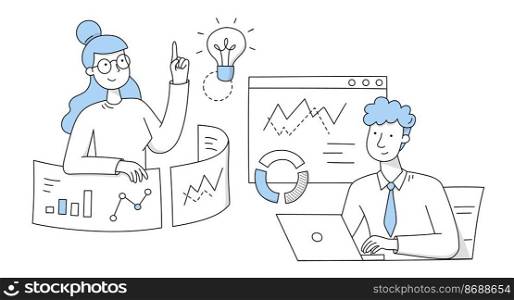 People work in office. Concept of business idea, teamwork and brainstorm. Vector doodle illustration of man with laptop and woman on meeting, diagram, charts and light bulb. Concept of business idea with people and charts