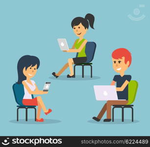 People work in office design flat. Business woman and man, computer worker, Office desk table and workplace. Guy girl sitting on chair at table in front of computer laptop monitor