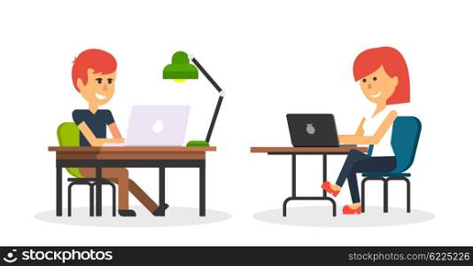 People work in office design flat. Business woman and man, computer worker, Office desk table and workplace. Guy girl sitting on chair at table in front of computer laptop monitor and shining lamp