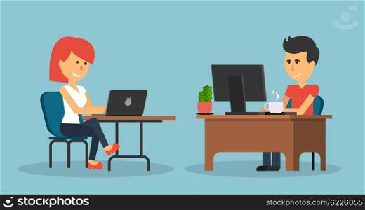 People work in office design flat. Business woman and man, computer worker, Office desk table and workplace. Guy girl sitting on chair at table in front of computer laptop monitor