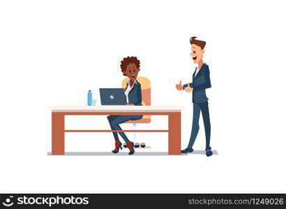 People Work in Office. Happy Worker in Workplace. Office Fun. Corporate Culture in Company. Cheerful Working Day. Smiling People at Work. Happy Office Workers. Vector Flat Illustration.. People Work in Office. Vector Illustration.