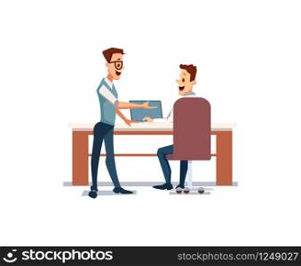 People Work in Office. Happy Worker in Workplace. Office Fun. Corporate Culture in Company. Cheerful Working Day. Happy mans at Work. Happy Office Workers. Vector Flat Illustration.. People Work in Office. Vector Illustration.