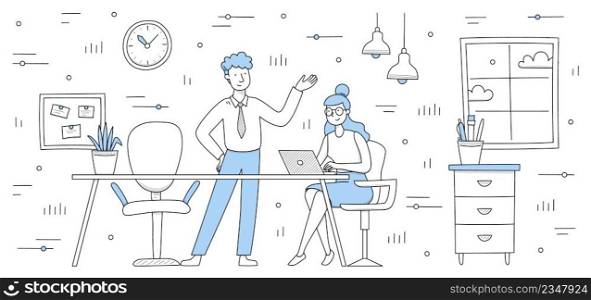 People work in office together. Concept of teamwork, workplace, professional conversation. Vector doodle illustration with man and woman employees, table with laptop, chairs and cupboard. People work in office together