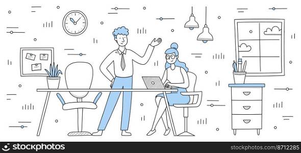 People work in office together. Concept of teamwork, workplace, professional conversation. Vector doodle illustration with man and woman employees, table with laptop, chairs and cupboard. People work in office together