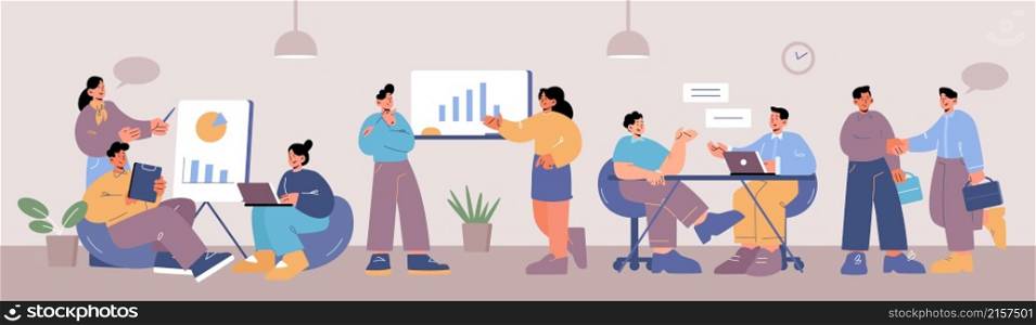 People work in open space office. Vector flat illustration of coworking workplace interior for teamwork, meeting and freelance job. Women and men with laptops, clipboards and presentation in office. People work in open space office