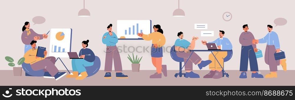 People work in open space office. Vector flat illustration of coworking workplace interior for teamwork, meeting and freelance job. Women and men with laptops, clipboards and presentation in office. People work in open space office
