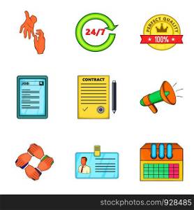People work support icon set. Cartoon set of 9 people work support vector icons for web design isolated on white background. People work support icon set, cartoon style
