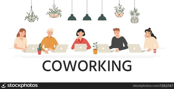 People work together in coworking. Team work, workspace for teams and rental workplace cartoon vector illustration. Business together coworking, character teamwork office. People work together in coworking. Team work, workspace for teams and rental workplace cartoon vector illustration