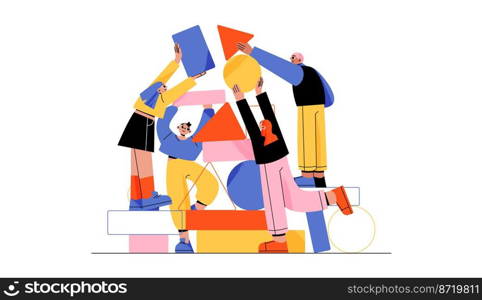 People work together set up abstract geometric shapes. Businesspeople teamwork, communicate, corporate teambuilding, collaboration, cooperation, partnership, Linear cartoon flat vector illustration. People working together set up abstract shapes