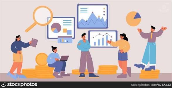 People work with analytic data on dashboard with graphs and charts. Vector flat illustration of business analysis with employees, gold coins and infographic of statistics and financial report. People work with business analytic data