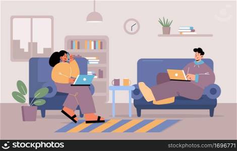 People work with laptop and phone at home. Concept of freelance, online business, distant job. Vector flat illustration of living room interior with couple, chair, sofa, bookcase and coffee cups. People work with laptop and phone at home