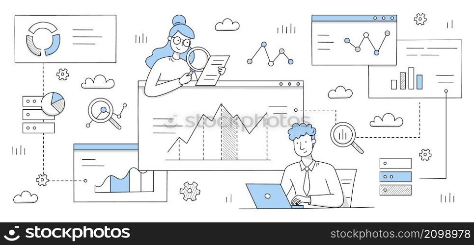 People work with research analytics and statistic. on dashboard with graphs and charts. Vector doodle illustration of data analysis with man with laptop, woman with report, graphs and charts. People work with data analysis research