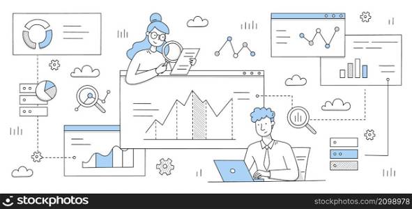 People work with research analytics and statistic. on dashboard with graphs and charts. Vector doodle illustration of data analysis with man with laptop, woman with report, graphs and charts. People work with data analysis research