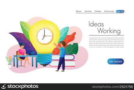 People working against time to finish. Coworking, freelance, teamwork, communication, interaction, idea, independent activity concept. Website template.