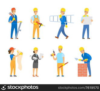 People working as engineers and builders vector, man and woman with list of tasks, plans and schemes for building. Male carrying ladder and tools. Engineers and Builders with Tools and Instruments