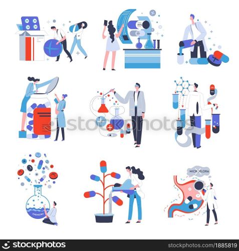 People working as specialist in pharmaceutical industry. Laboratory researches and experiments to produce new pills and products. Professional chemists in lab with tubes and substances vector. Professional pharmaceutical worker in laboratory with pills vector