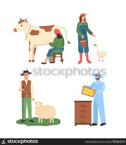 People working at farm vector, man with sheep, person beekeeping hobby and business, organic products. Farming woman with cow and goose flat style. Farmers Working Together, Man Beekeeping Vector