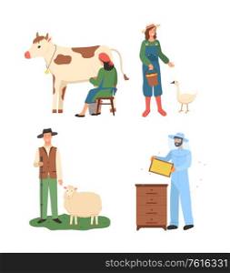 People working at farm vector, man with sheep, person beekeeping hobby and business, organic products. Farming woman with cow and goose flat style. Farmers Working Together, Man Beekeeping Vector