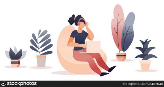 People working at home office, Flat style cartoon faceless character. Lifestyle, self isolation, freelance, pandemic concept. Minimal vector illustration set.. Flat style cartoon faceless character working at home office